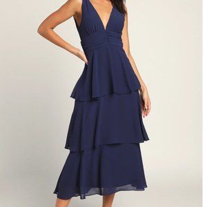 Lulus Celebration Time Navy Blue Sleeveless Tiered Midi Dress